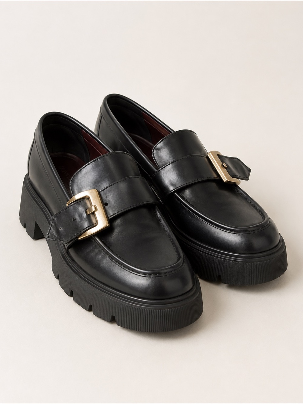 Women's Black Chunky Loafer with Gold Buckle
